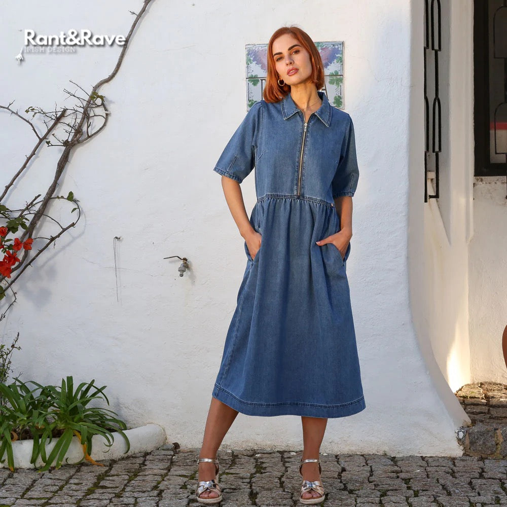 maong dress design Denim Sleeveless Midi Dress - All Dresses